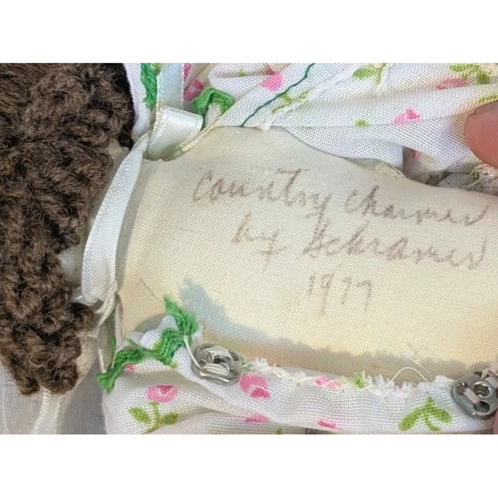 70s Cloth Doll Handmade Yarn Hair Embroidered Rag Country Signed Cottagecore 13